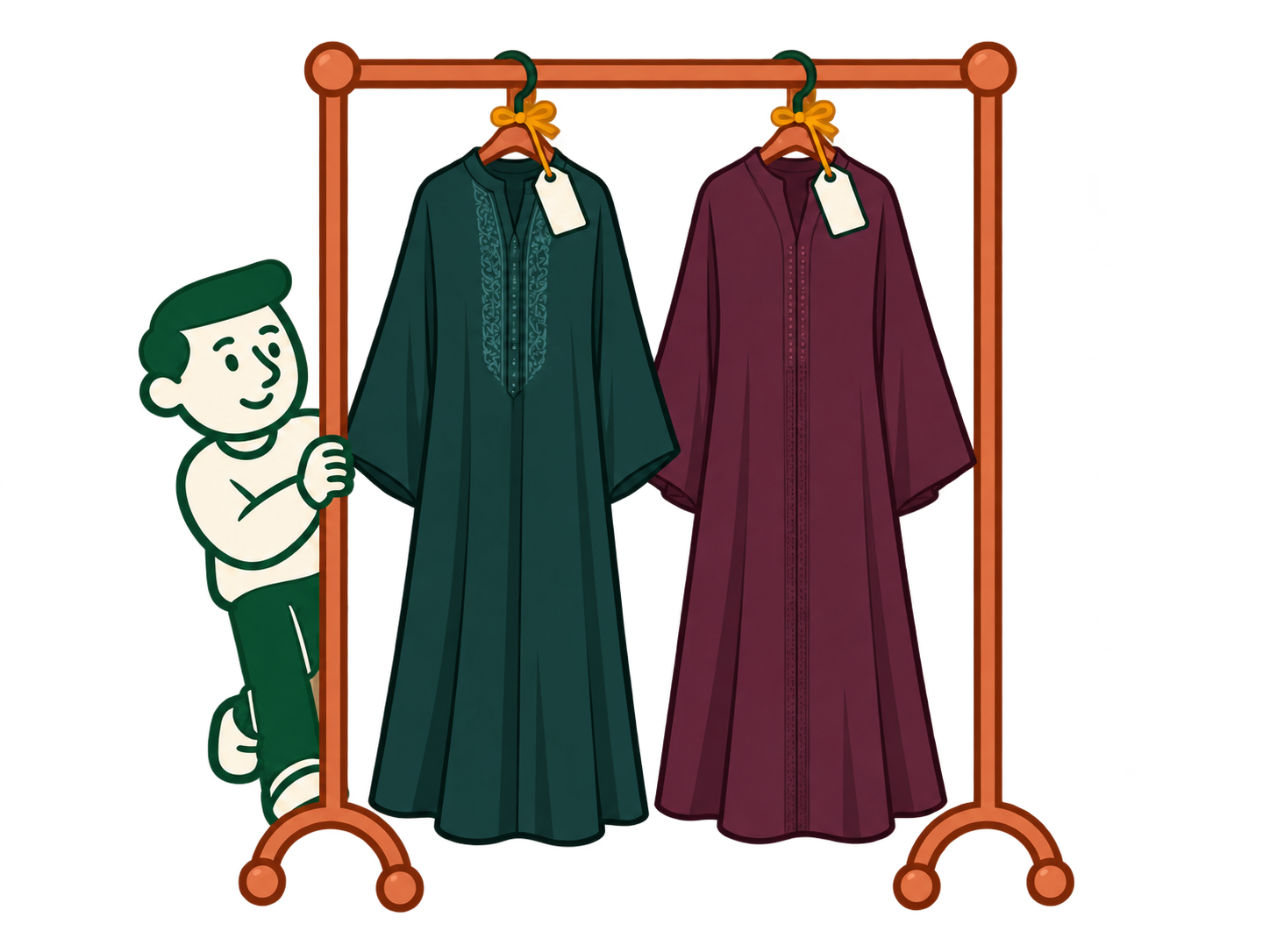 Joe beside two collection-inspired green and plum abayas on a clothes rail